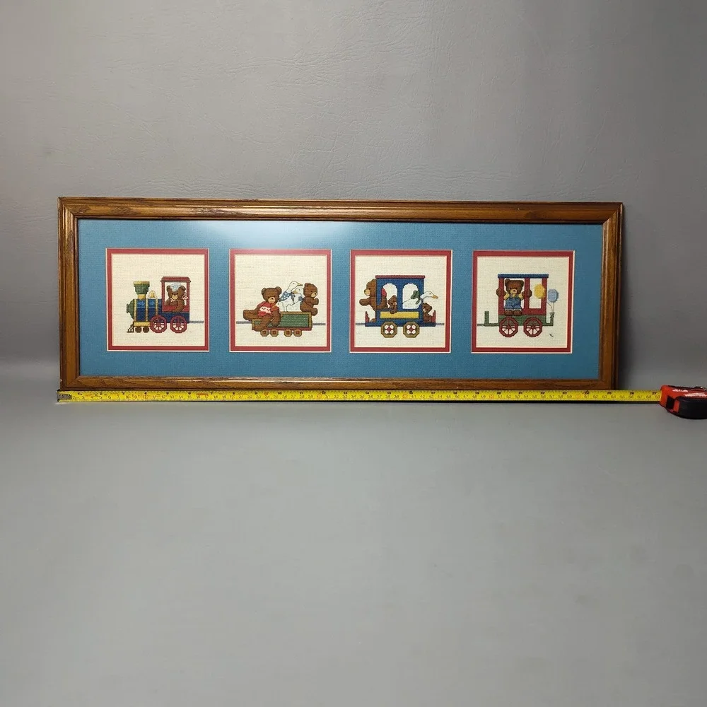 Vintage Framed Cross Stitch Nursery Art Geese Duck Teddy Bear Train Dale Burdett